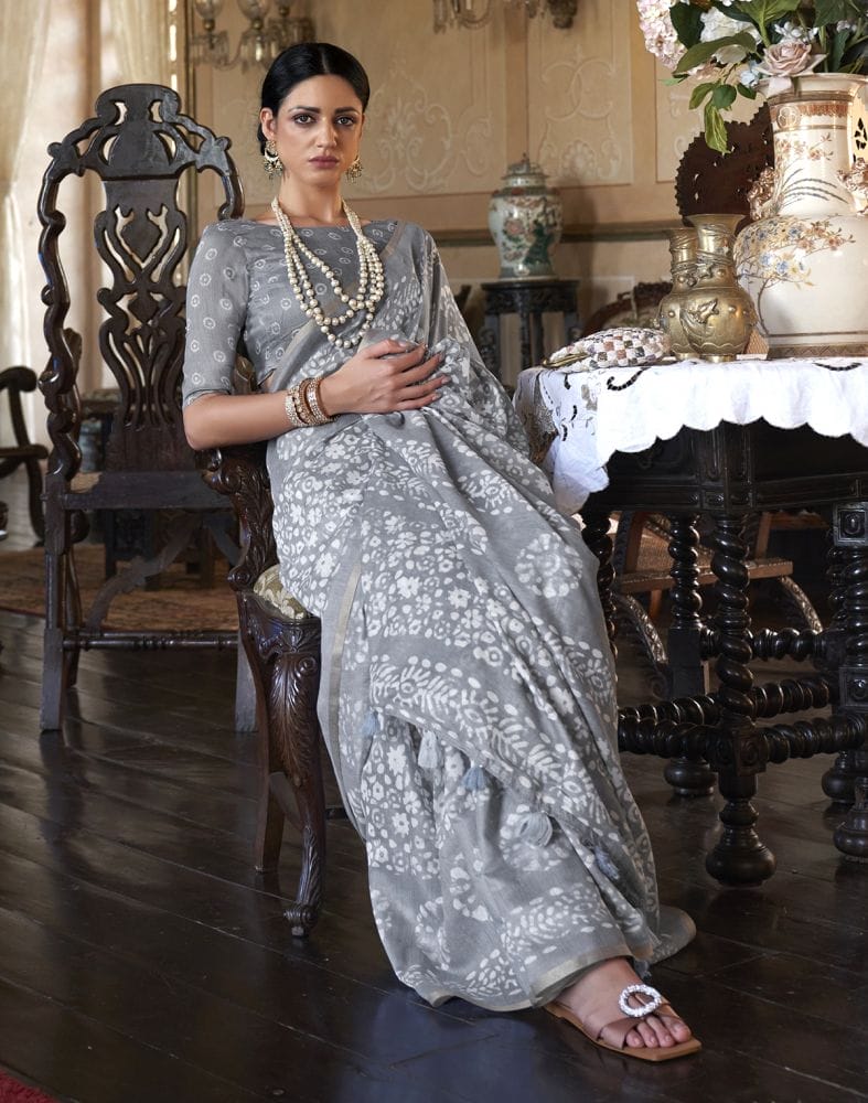 Exclusive Grey Floral Print Cotton Saree