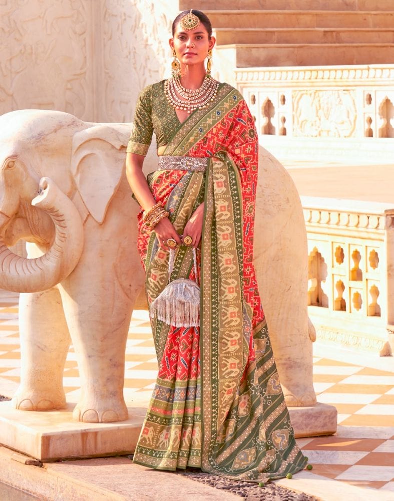 Orange Ikat Print Patola Fabric Saree