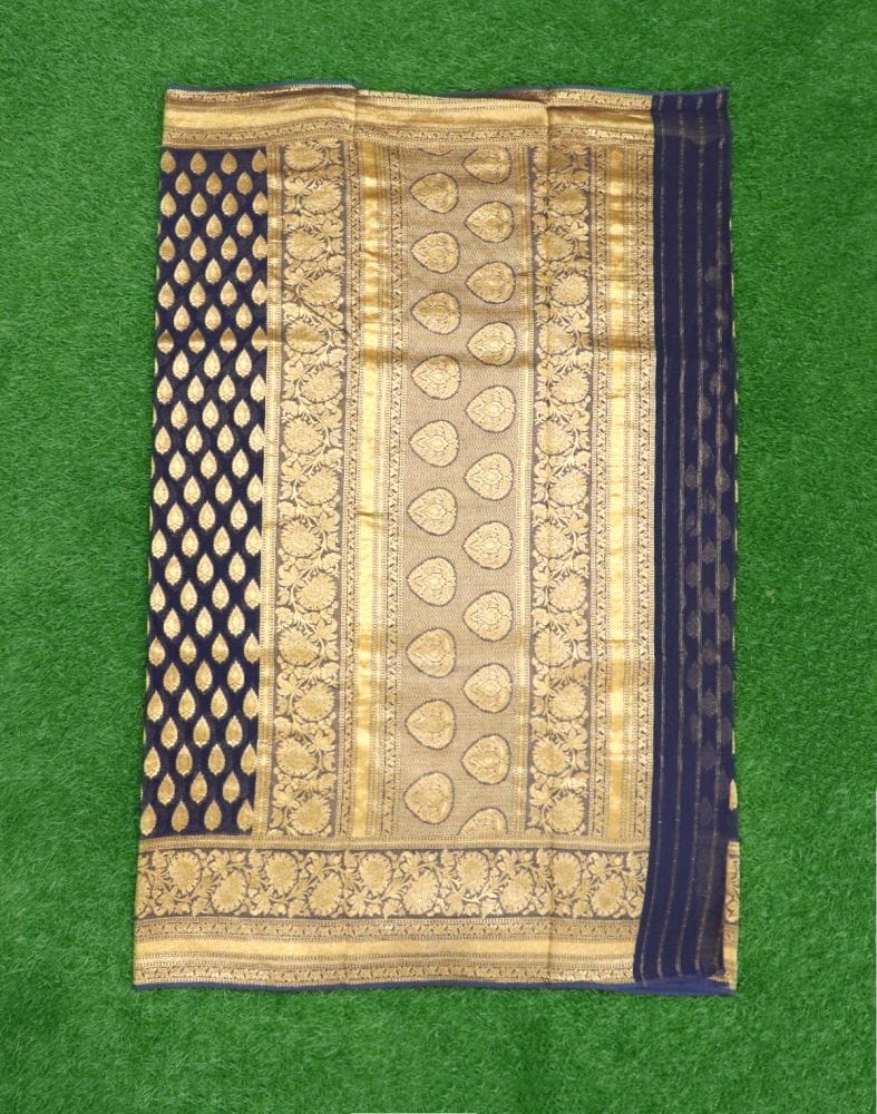 Collection of Navy Blue Butta gold Zari Georgette Saree in a gallery layout