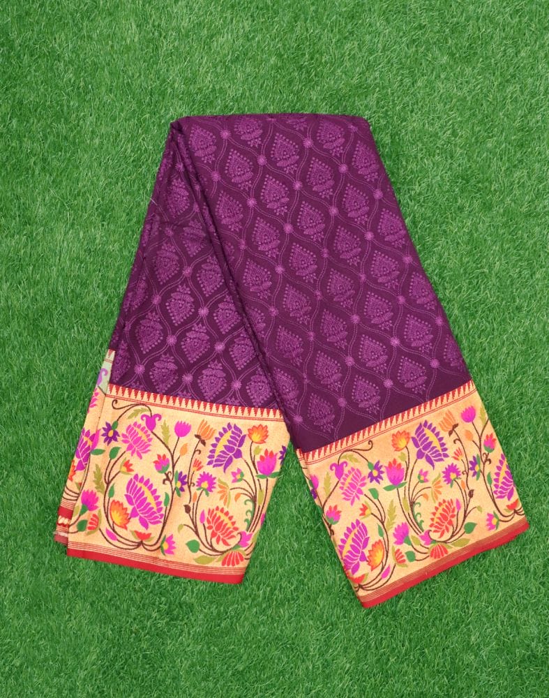 Violet Chikankari work Georgette Saree with paithani border and blouse piece