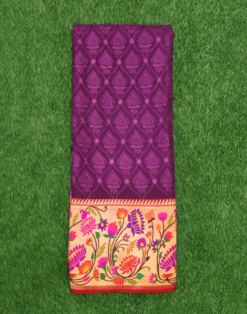 Violet Chikankari work Georgette Saree with paithani border and blouse piece