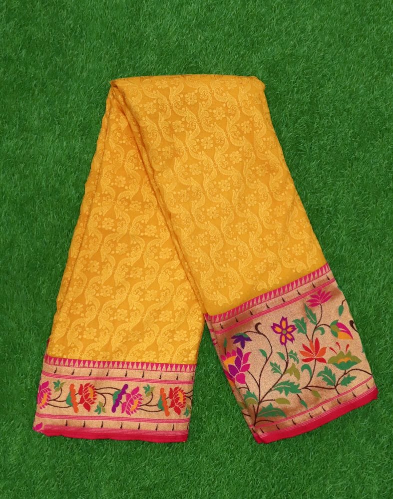 Collection of Yellow Chikankari work Georgette saree with paithani border and blouse piece in a gallery layout