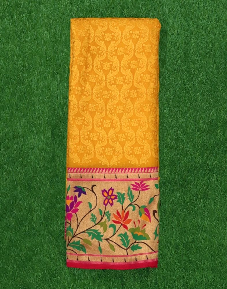 Collection of Yellow Chikankari work Georgette saree with paithani border and blouse piece in a gallery layout