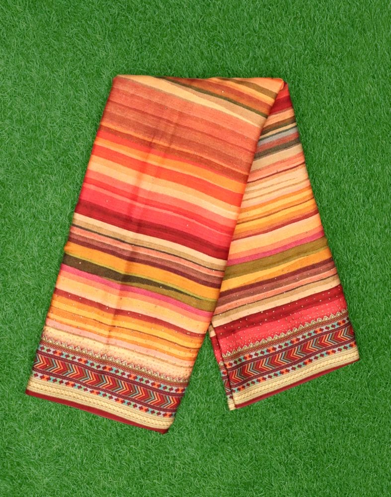 Collection of Orange Striped Stones work Crape Saree in a gallery layout