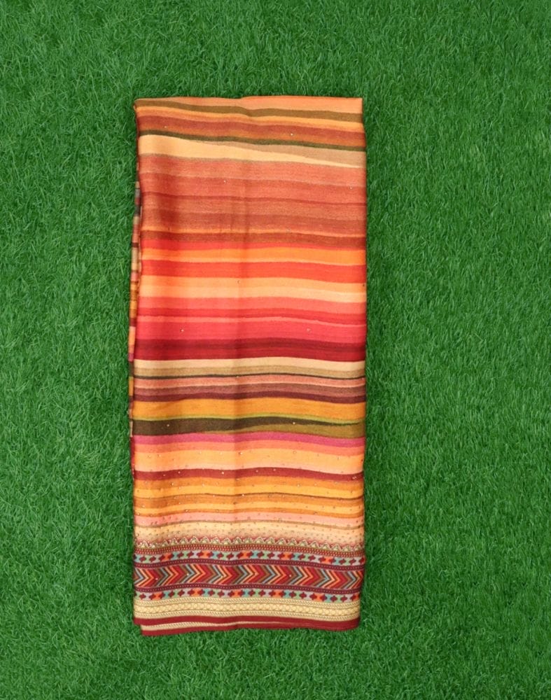 Collection of Orange Striped Stones work Crape Saree in a gallery layout