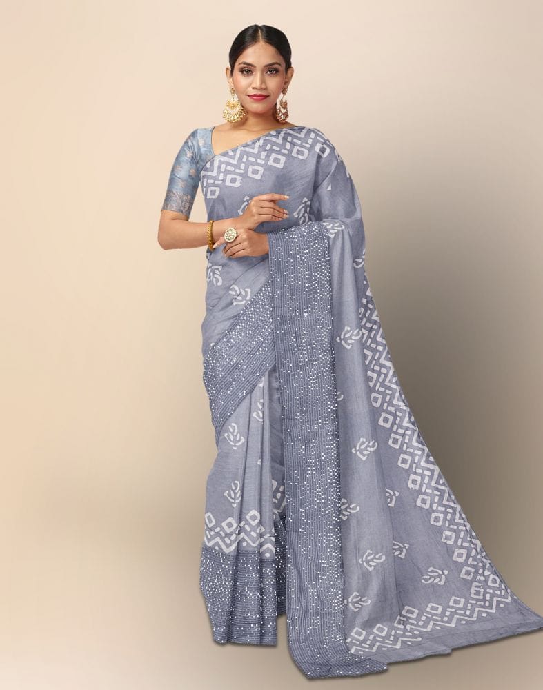 Collection of Grey Batik print Pure Cotton Saree in a gallery layout