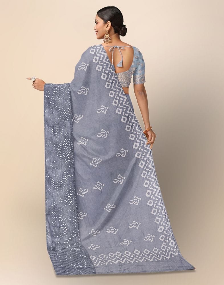 Collection of Grey Batik print Pure Cotton Saree in a gallery layout