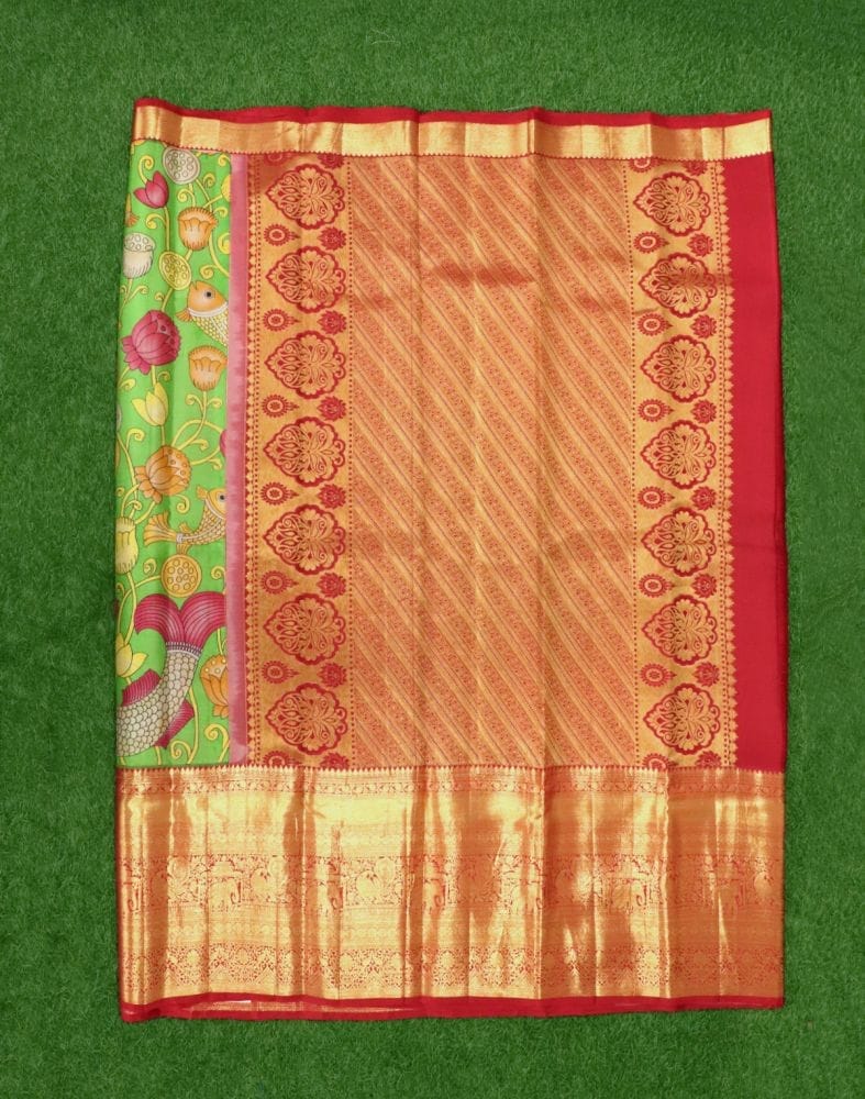 Parrot Green Pure Pen Kalamkari Print Silk Saree