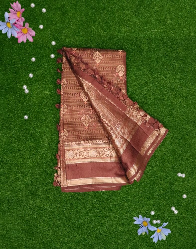 Brown Floral Pure Dupion Saree