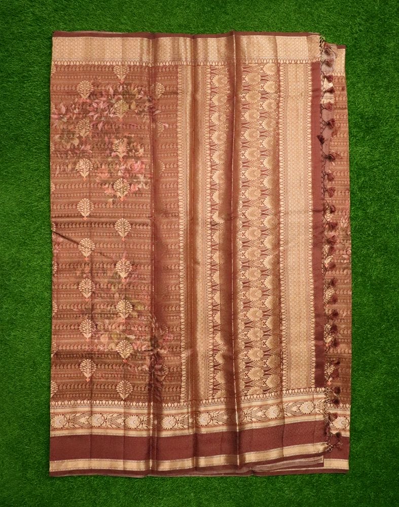 Brown Floral Pure Dupion Saree