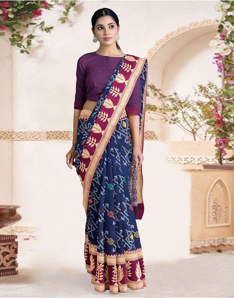 Navy Blue Ikat Soft Silk Weave Saree with contrast blouse