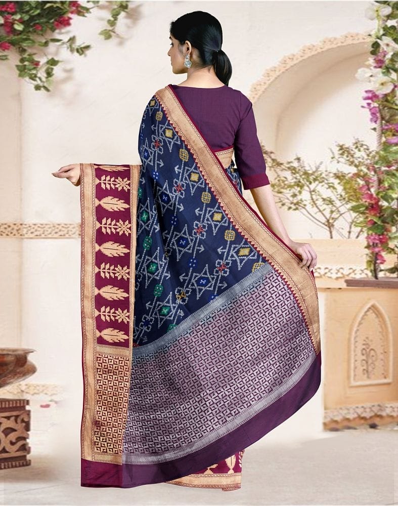 Collection of Navy Blue Ikat Soft Silk Weave Saree with contrast blouse in a gallery layout