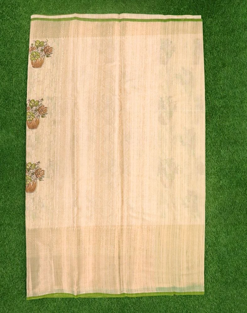 Parrot Green Floral Semi-Jute Saree