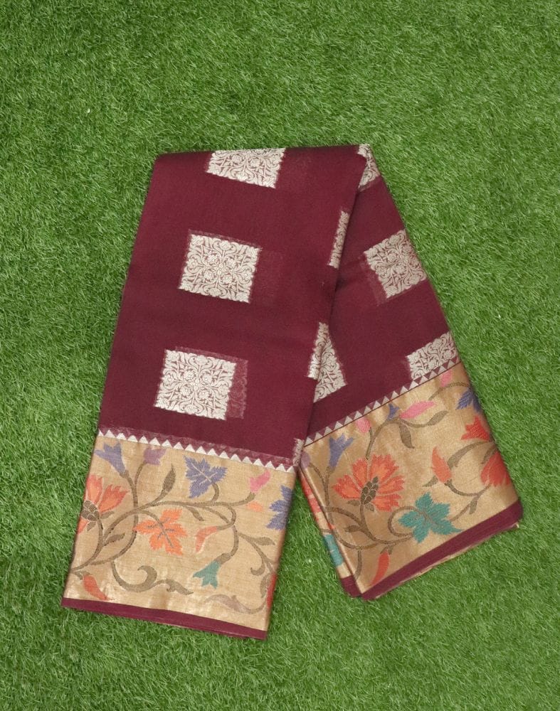 Maroon Floral Butta Organza Saree