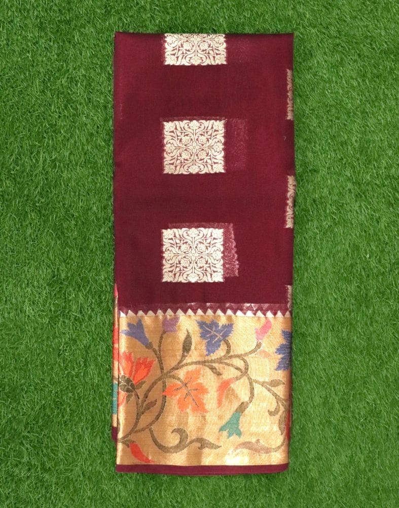 Collection of Maroon Floral Butta Organza Saree in a gallery layout