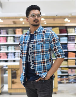 Collection of Blue Checkered Cotton Printed Shirt in a gallery layout