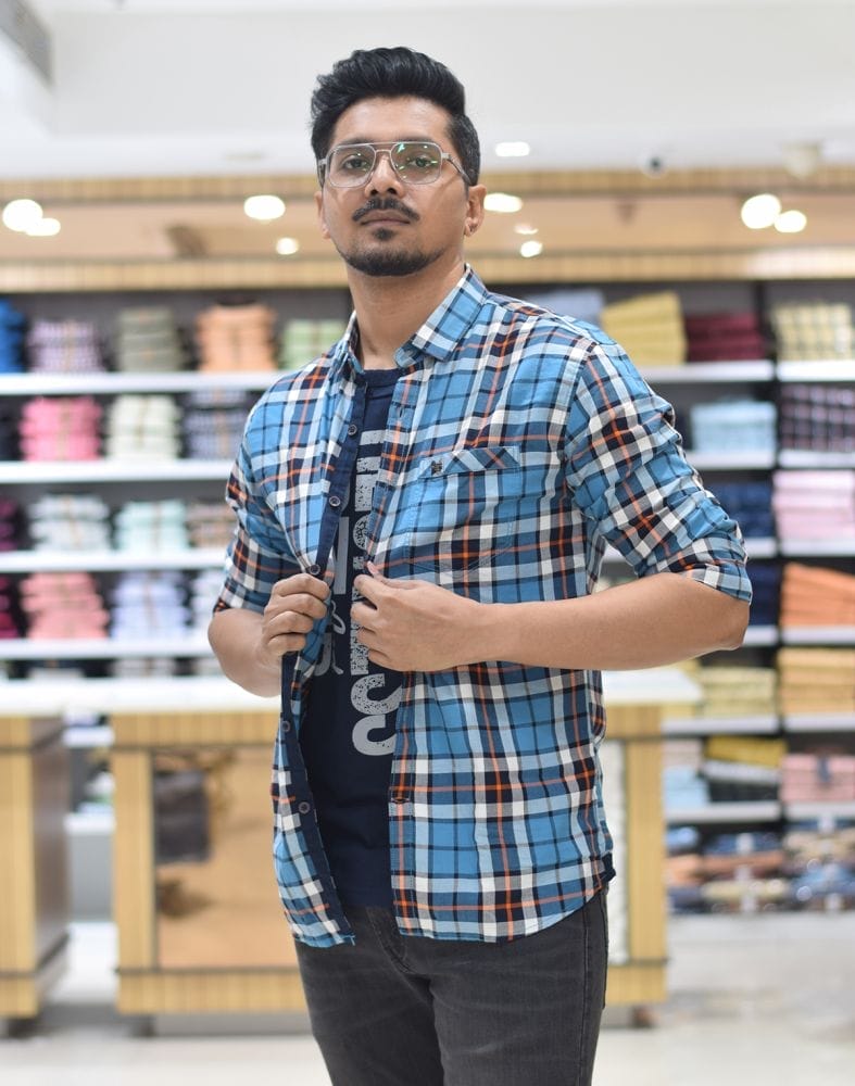 Collection of Blue Checkered Cotton Printed Shirt in a gallery layout