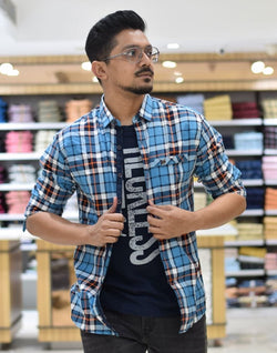 Collection of Blue Checkered Cotton Printed Shirt in a gallery layout