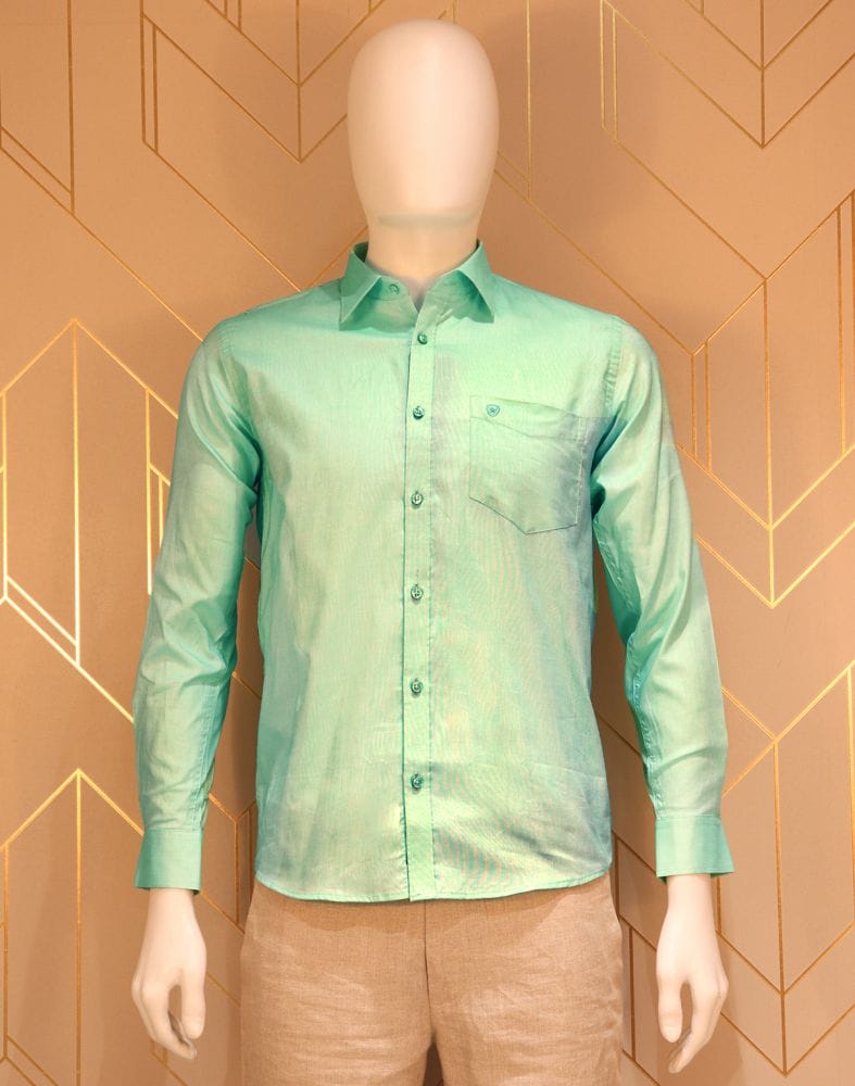 Collection of Light Green Colour Plain Pure Cotton Shirt in a gallery layout