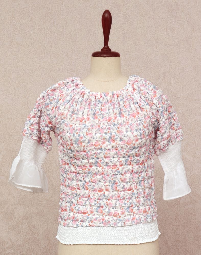 White Floral Print Crash Fabric Top