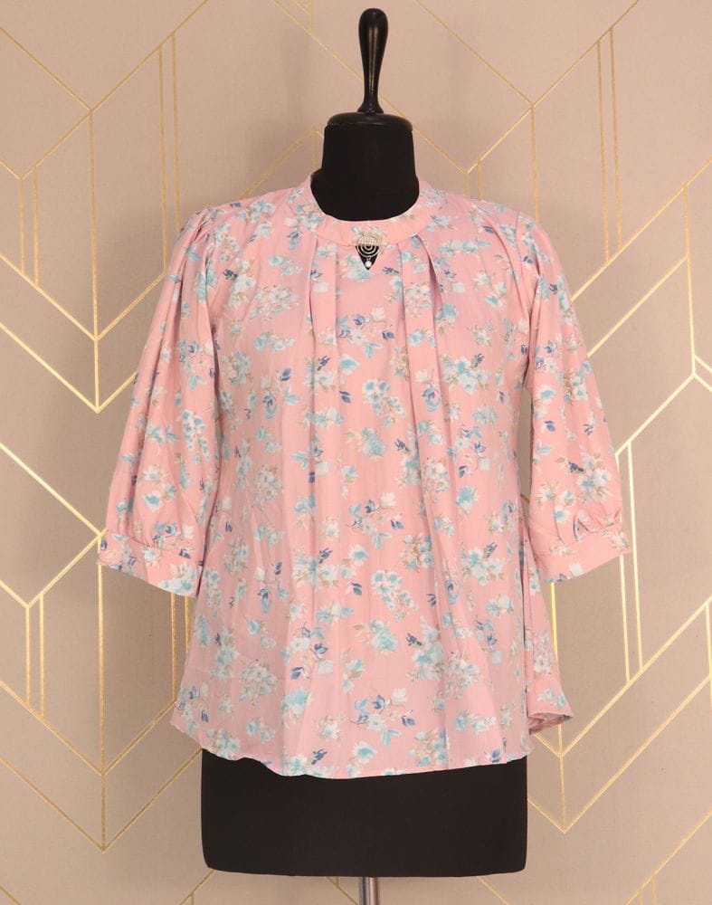 Collection of Light Pink Floral Print Cotton Top in a gallery layout