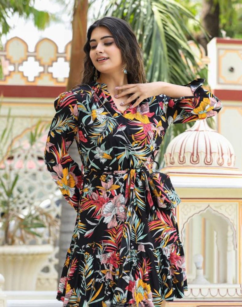 Collection of Cotton Silk Floral Print Black Coloured Top in a gallery layout