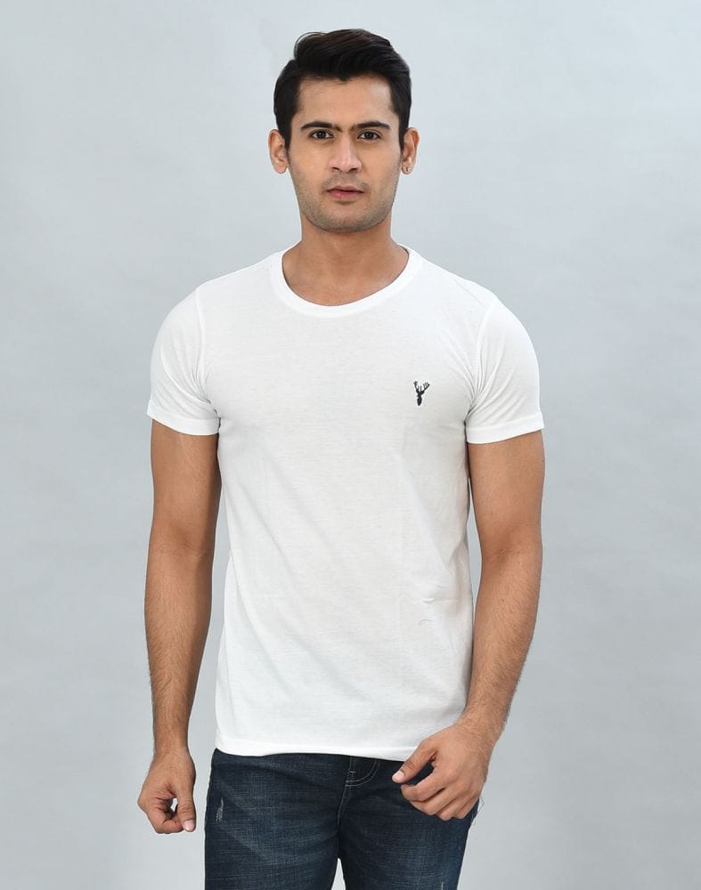 Collection of White Round-Neck Slim Fit Men T-Shirt in a gallery layout