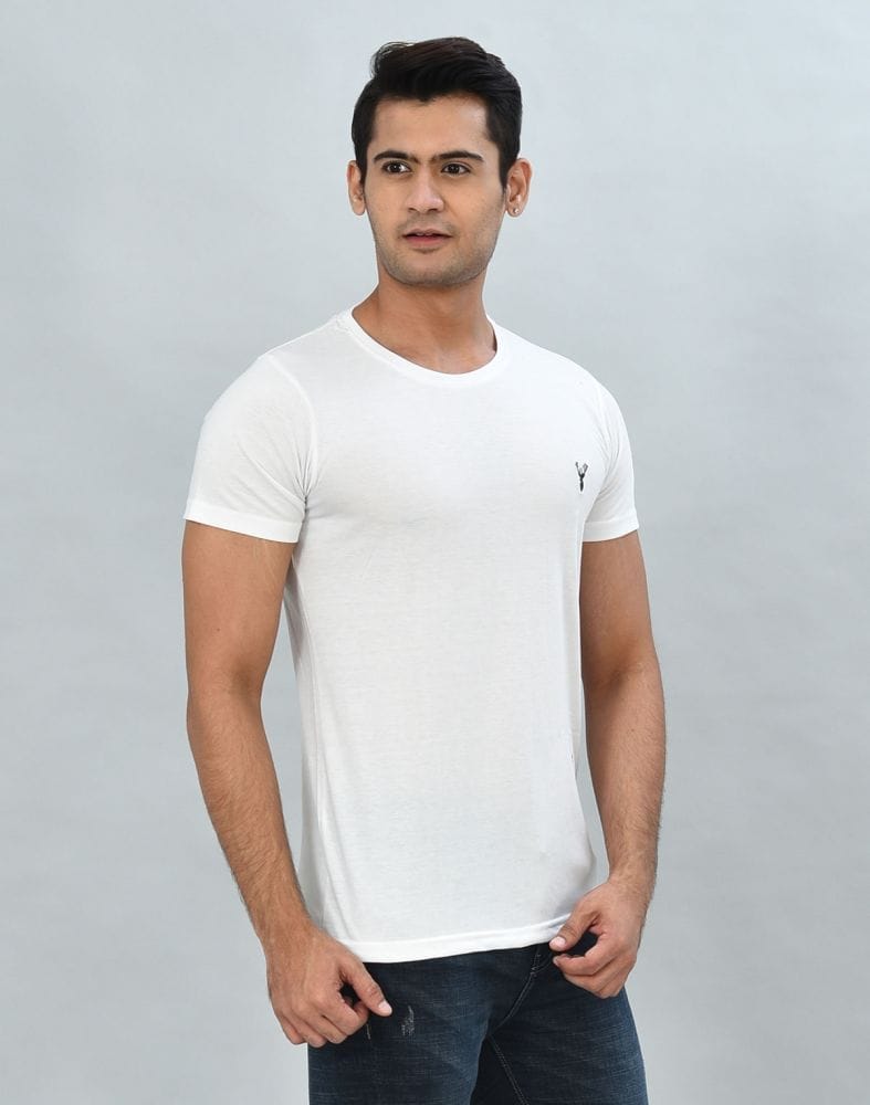 Collection of White Round-Neck Slim Fit Men T-Shirt in a gallery layout