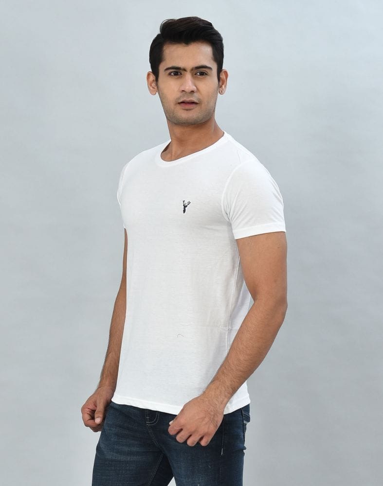 Collection of White Round-Neck Slim Fit Men T-Shirt in a gallery layout