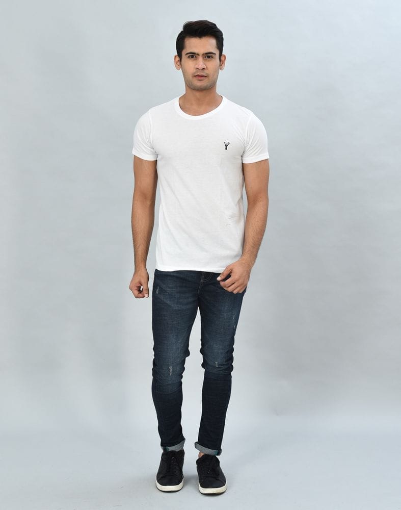 Collection of White Round-Neck Slim Fit Men T-Shirt in a gallery layout