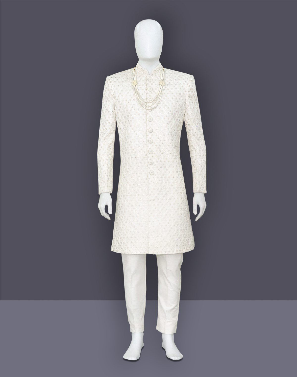 White Self Design Sequins work Milky Silk Indo Western Set with mala ...