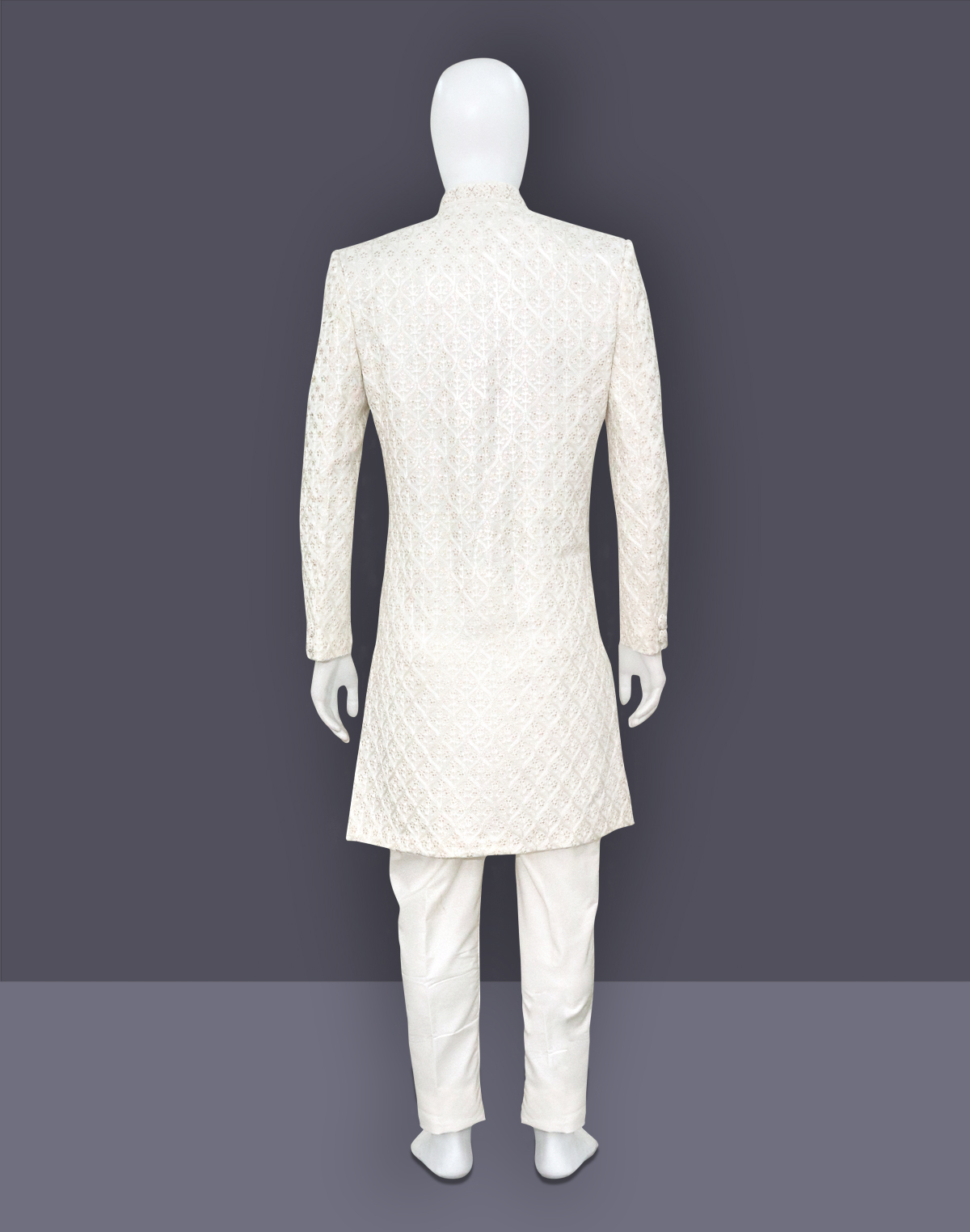 White Self Design Sequins work Milky Silk Indo Western Set with mala ...